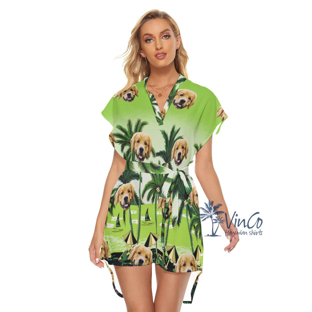 Custom Green Hawaiian Belt Dress With Dog Photo (3)