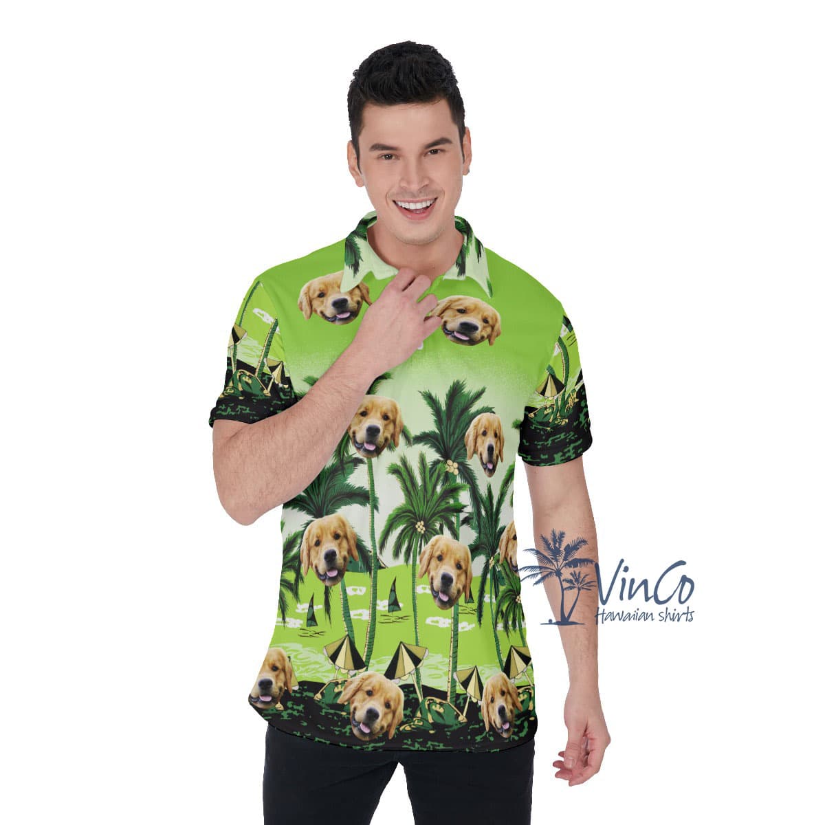 Custom Green Men's Golf Shirt With Dog Face (1)