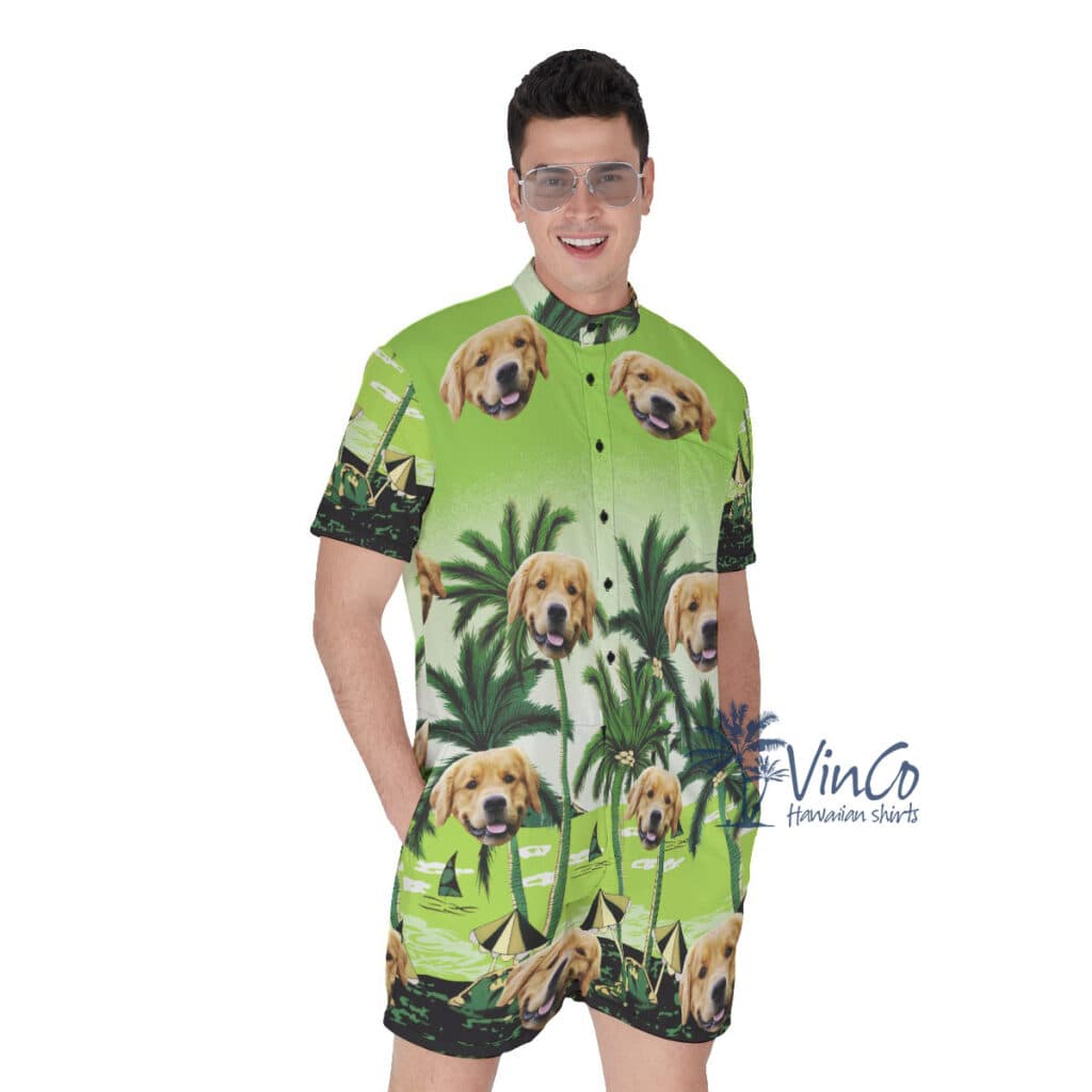 Custom Green Palm Men's Hawaiian Romper With Dog Faces (1)
