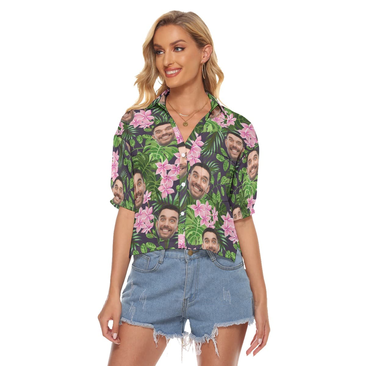 Custom Hawaiian V-neck Shirt For Women With Faces (1)