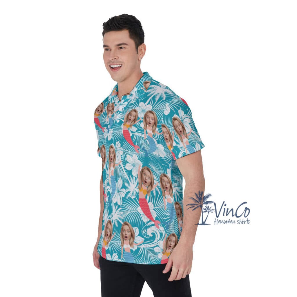 Custom Mermaid Blue Hawaiian Polo Shirts With Face
