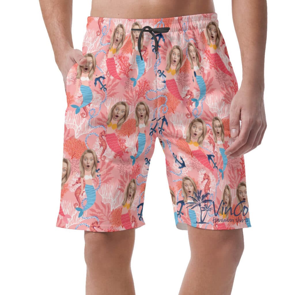 Custom Mermaid Face Pink Hawaiian Beach Shorts For Men