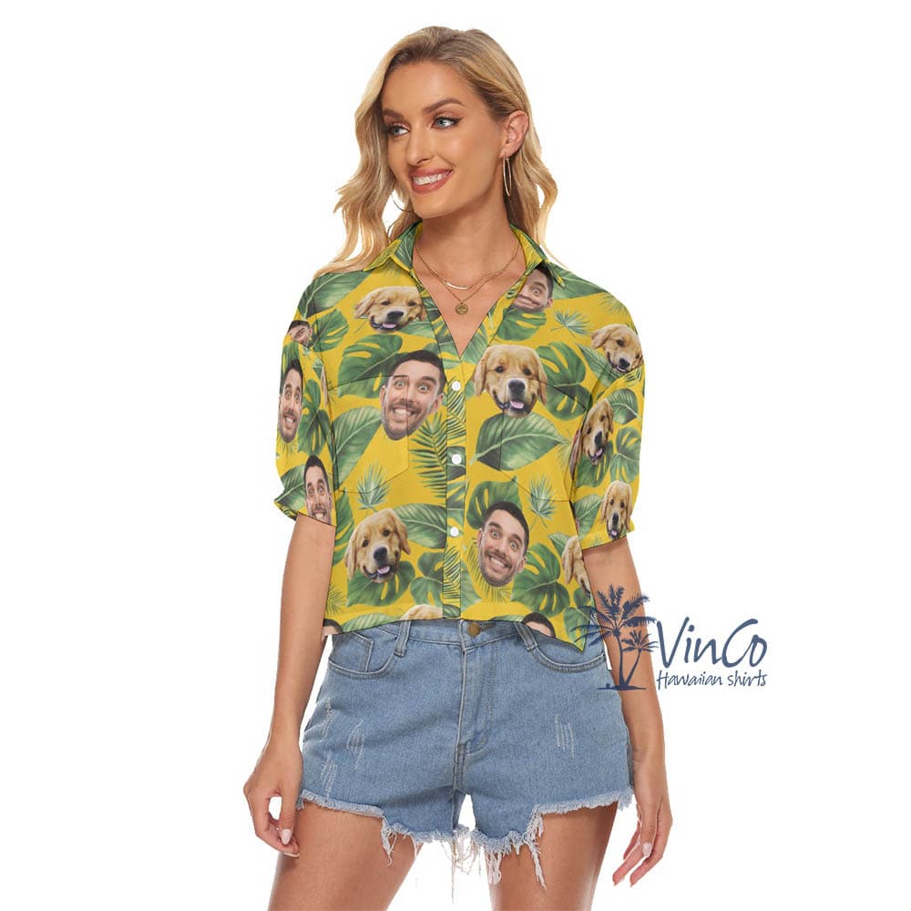 Custom Multiple Face Hawaiian Cropped Shirt For Women (1)