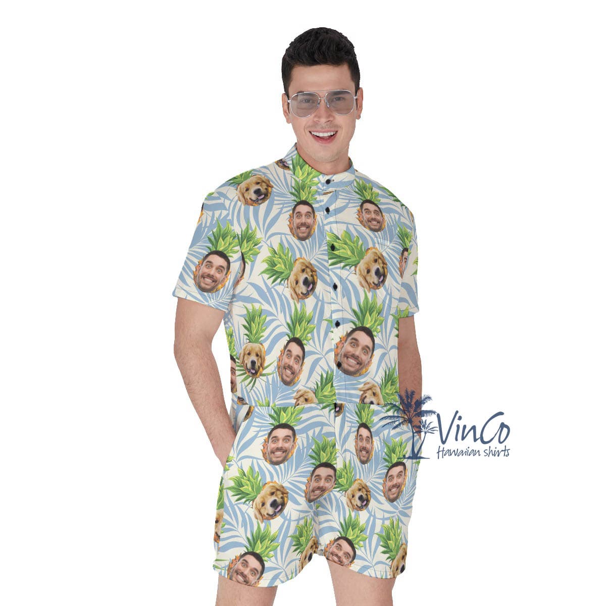 Custom Multiple Face Hawaiian Romper With Dog For Men (2)