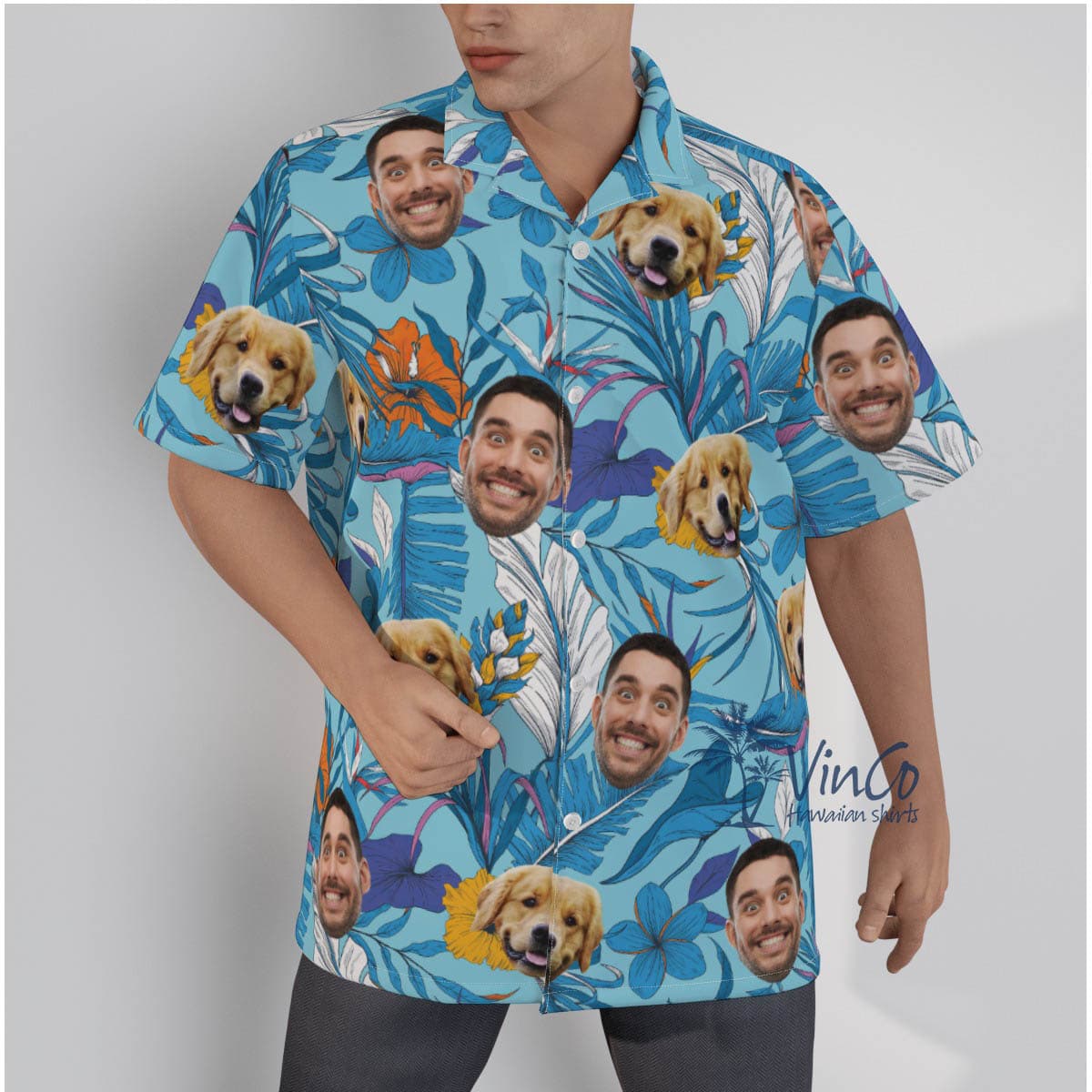 Custom Multiple Faces Blue Tropical Shirt For Men (1)