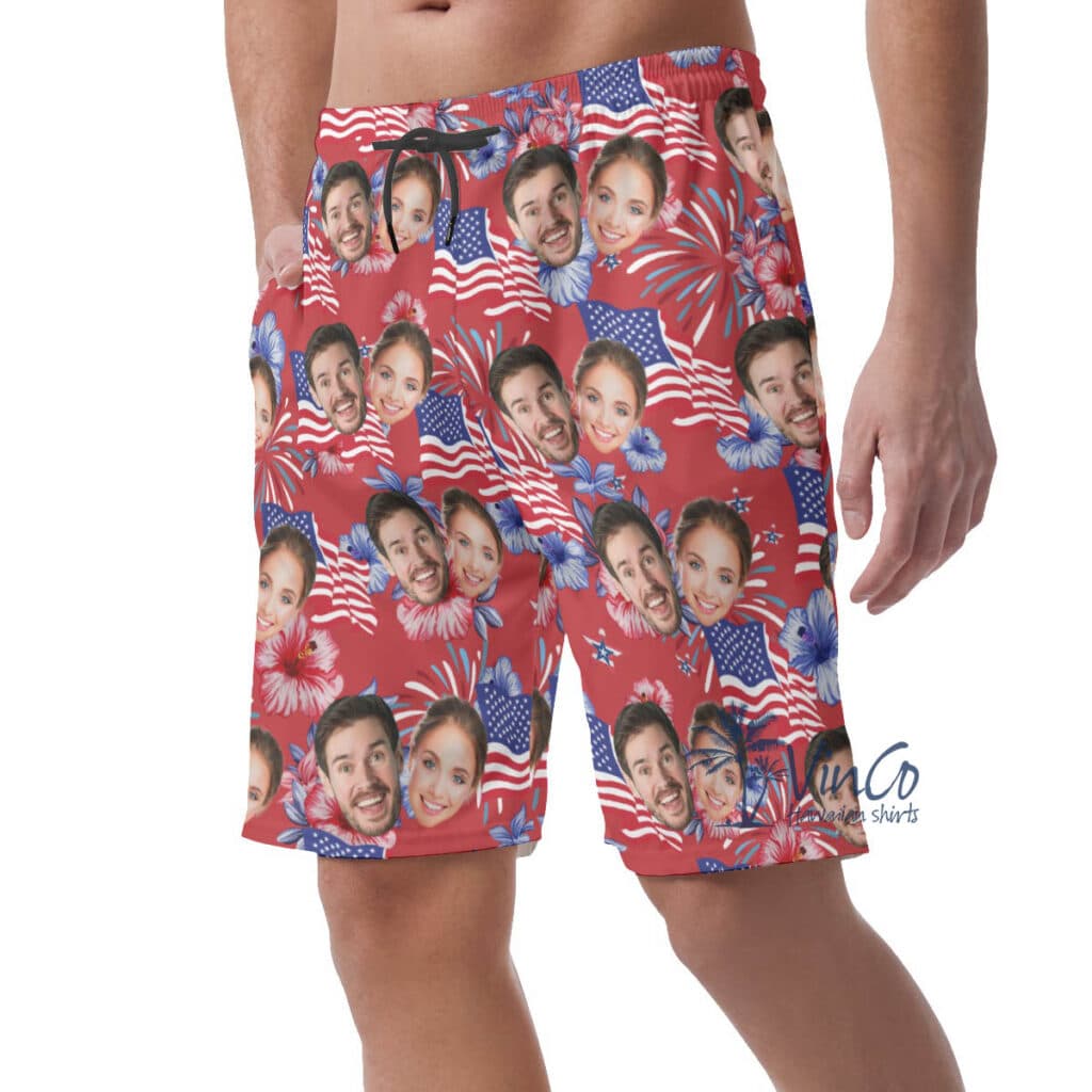 Custom Multiples Faces 4th Of July Hawaiian Beach Shorts For Men