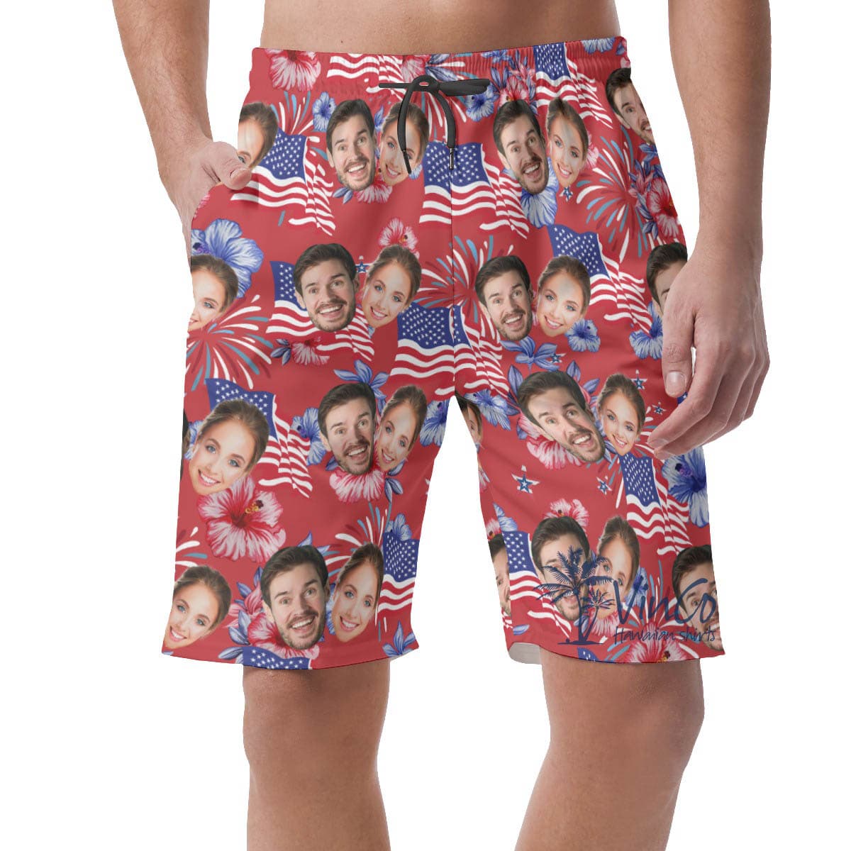 Custom Multiples Faces 4th Of July Hawaiian Beach Shorts For Men
