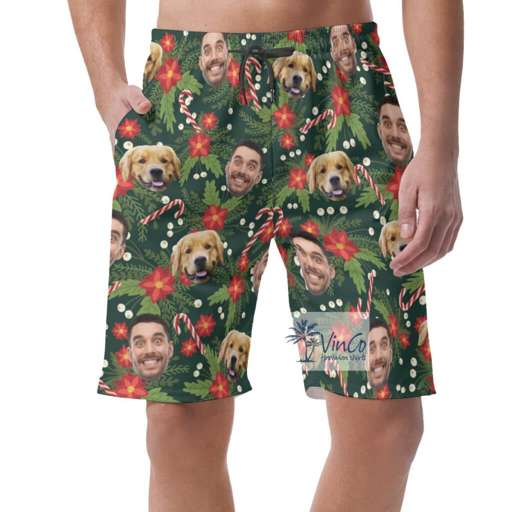 Custom Multiples Faces Christmas Green Hawaiian Beach Shorts For Men