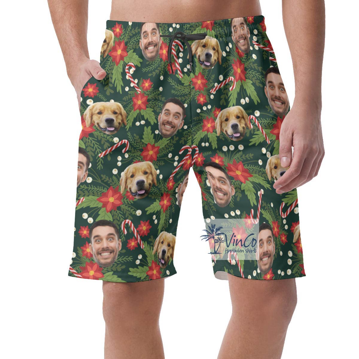 Custom Multiples Faces Christmas Green Hawaiian Beach Shorts For Men