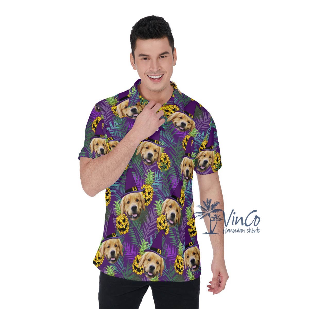Custom Pet Face Halloween Hawaiian Polo Shirt For Men (2)