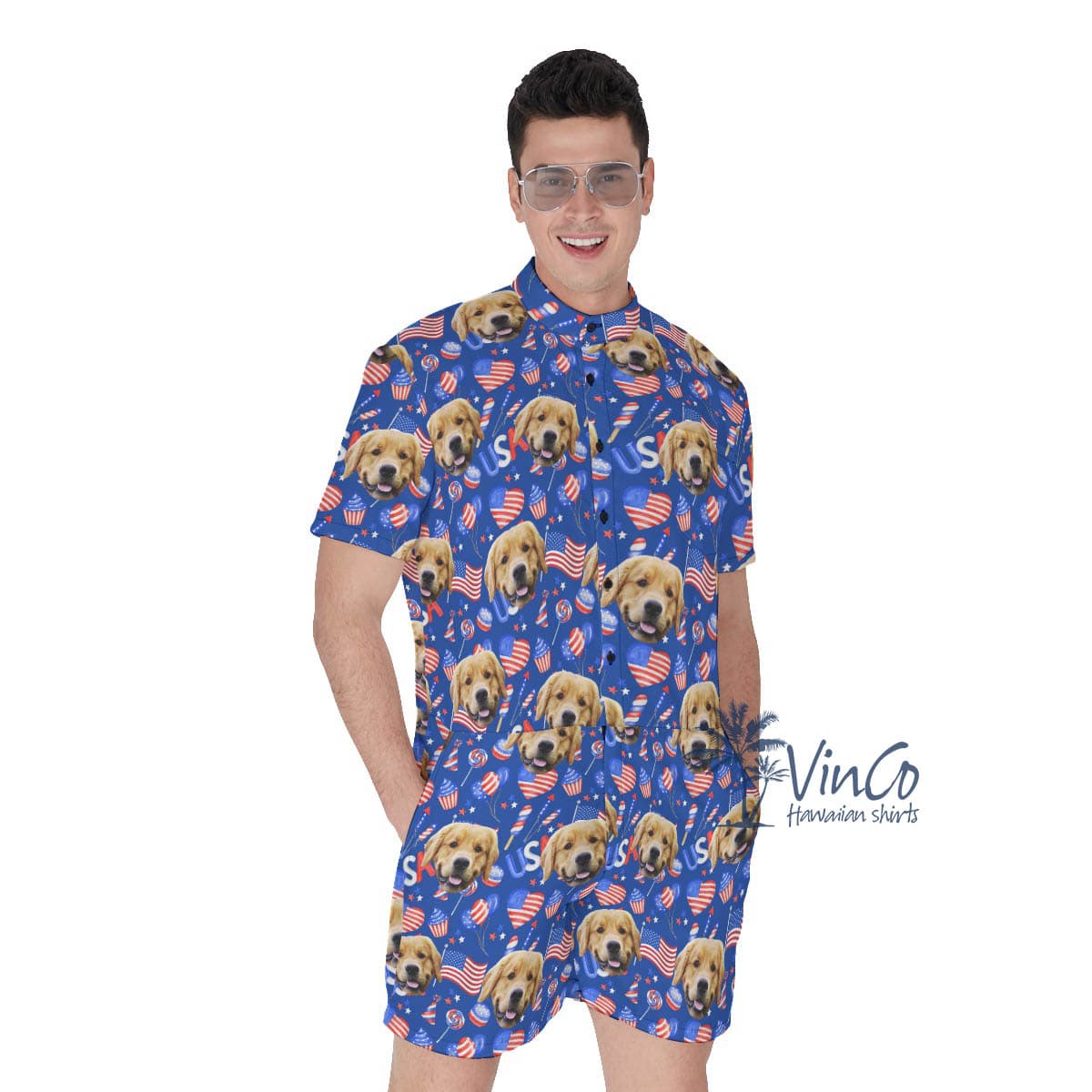 Custom Pet Face Patriotic Romper For Men