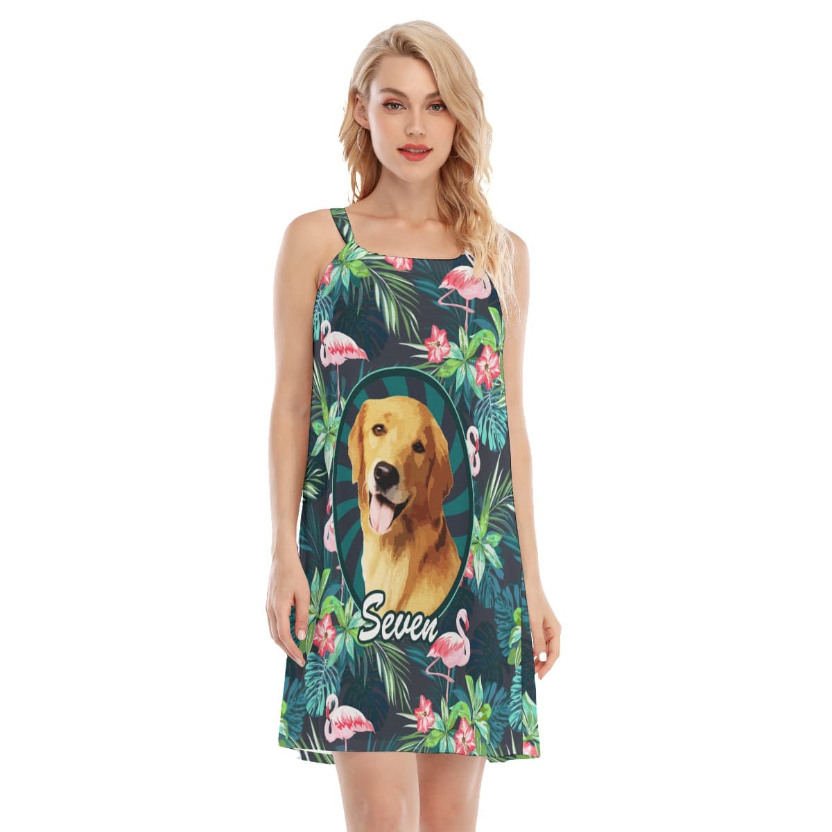 Custom Pet Face Tropical Flamingo Hawaiian Cami Dress For Women (4)