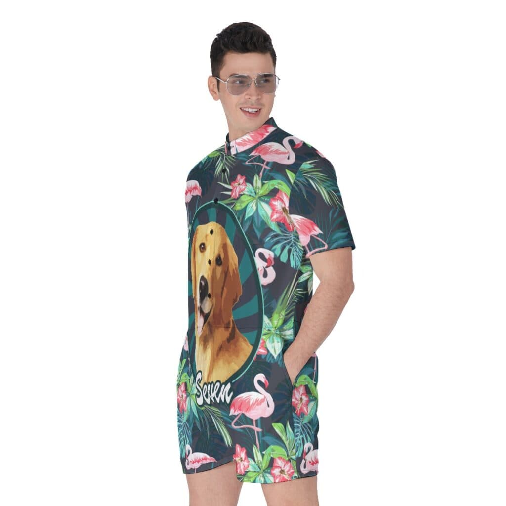 Custom Pet Face Tropical Flamingo Hawaiian Romper For Men