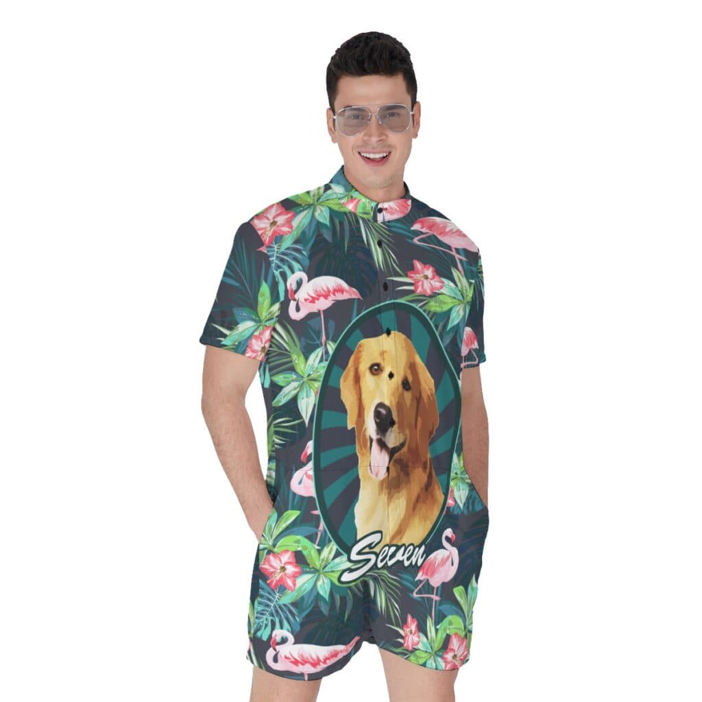 Custom Pet Face Tropical Flamingo Hawaiian Romper For Men