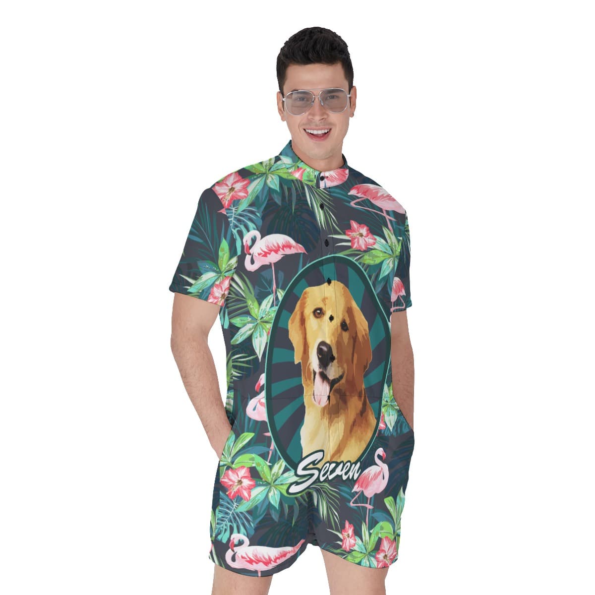 Custom Pet Face Tropical Flamingo Hawaiian Romper For Men