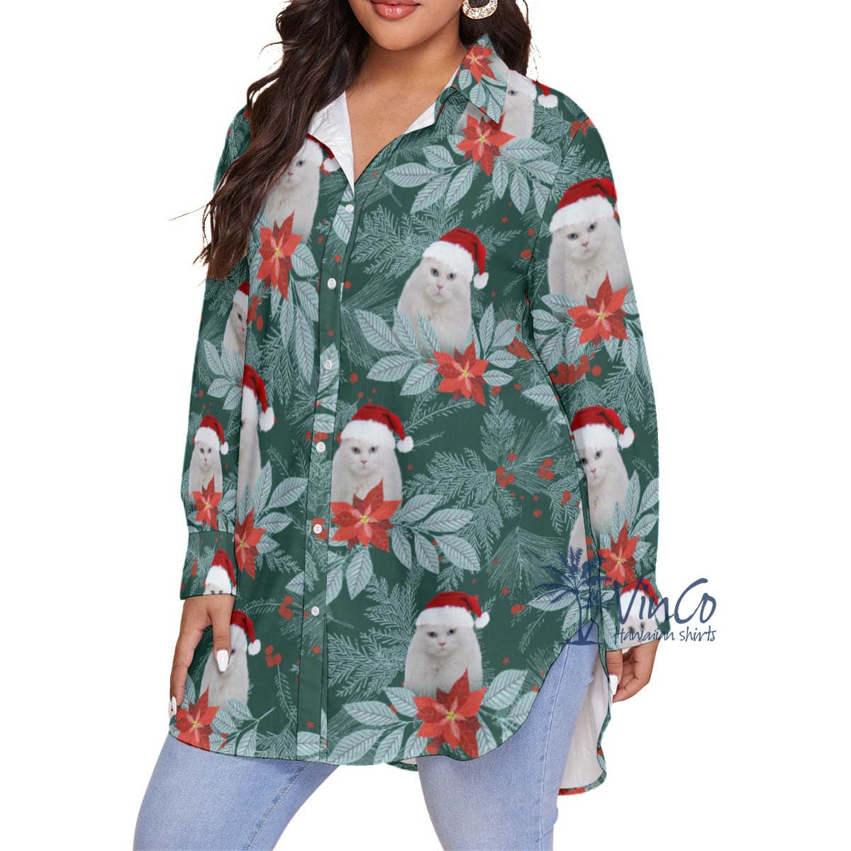 Custom Pet Photo Plus Size Christmas Hawaiian Shirt For Women (1)