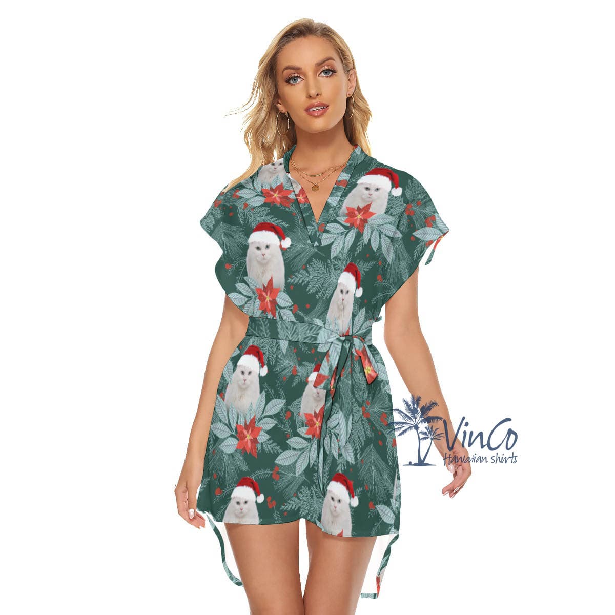 Custom Photo Cat Face Christmas Dress With Tie For Women (2)