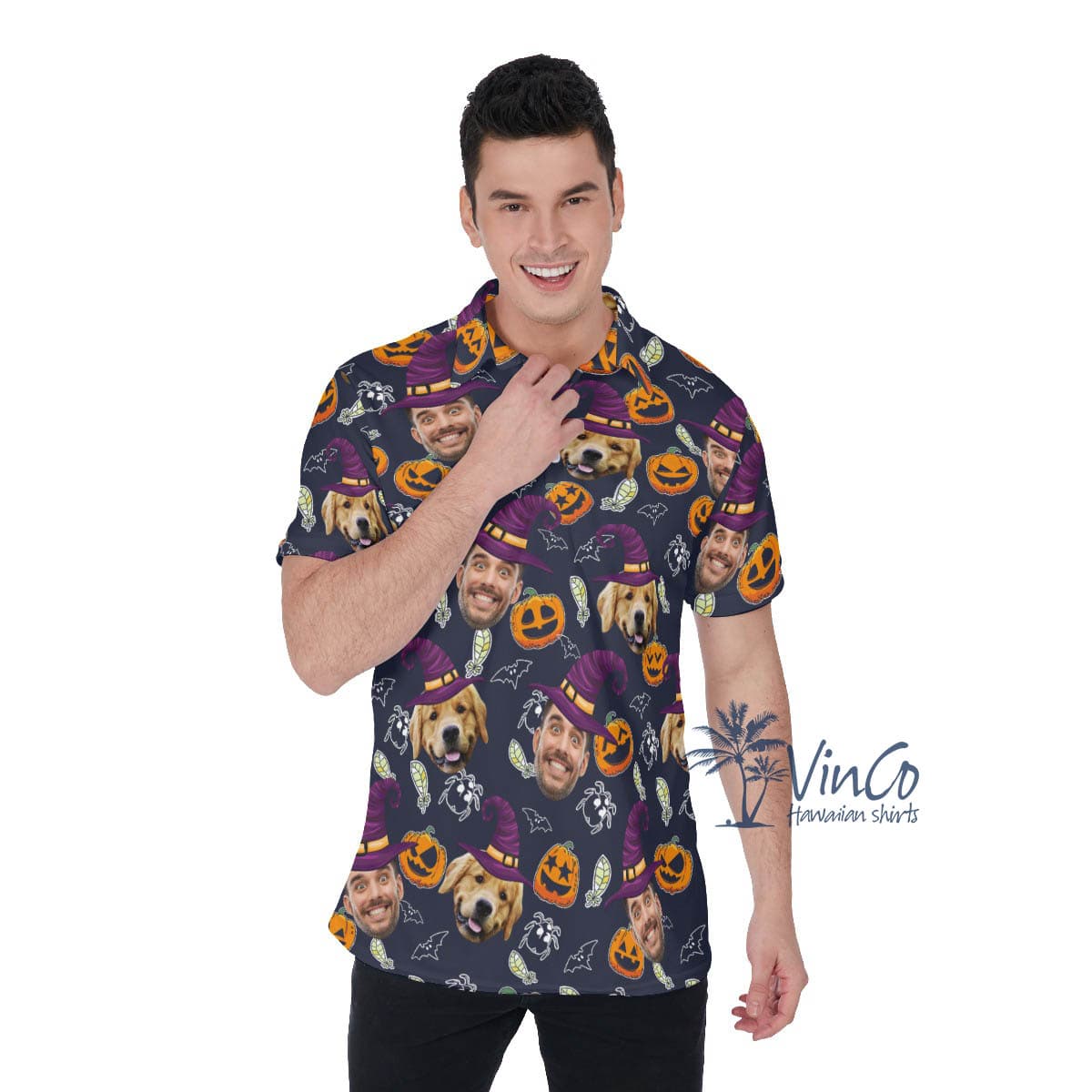 Custom Photo Faces Halloween Hawaiian Polo Golf Shirt For Men (2)