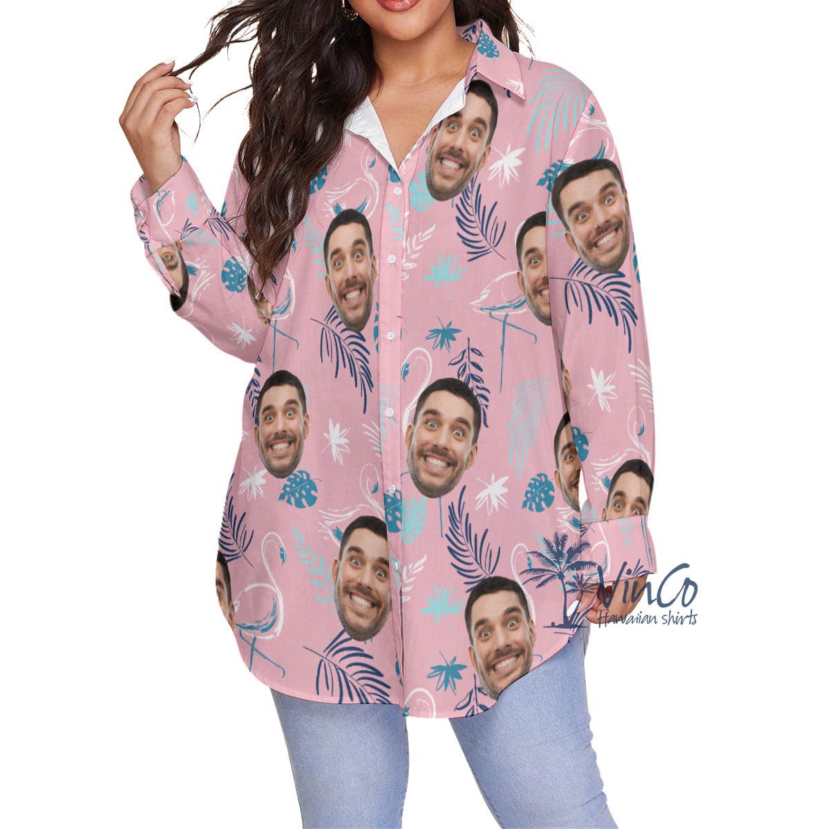 Custom Pink Flamingo Plus Size Hawaiian Shirt With Face For Women (1)