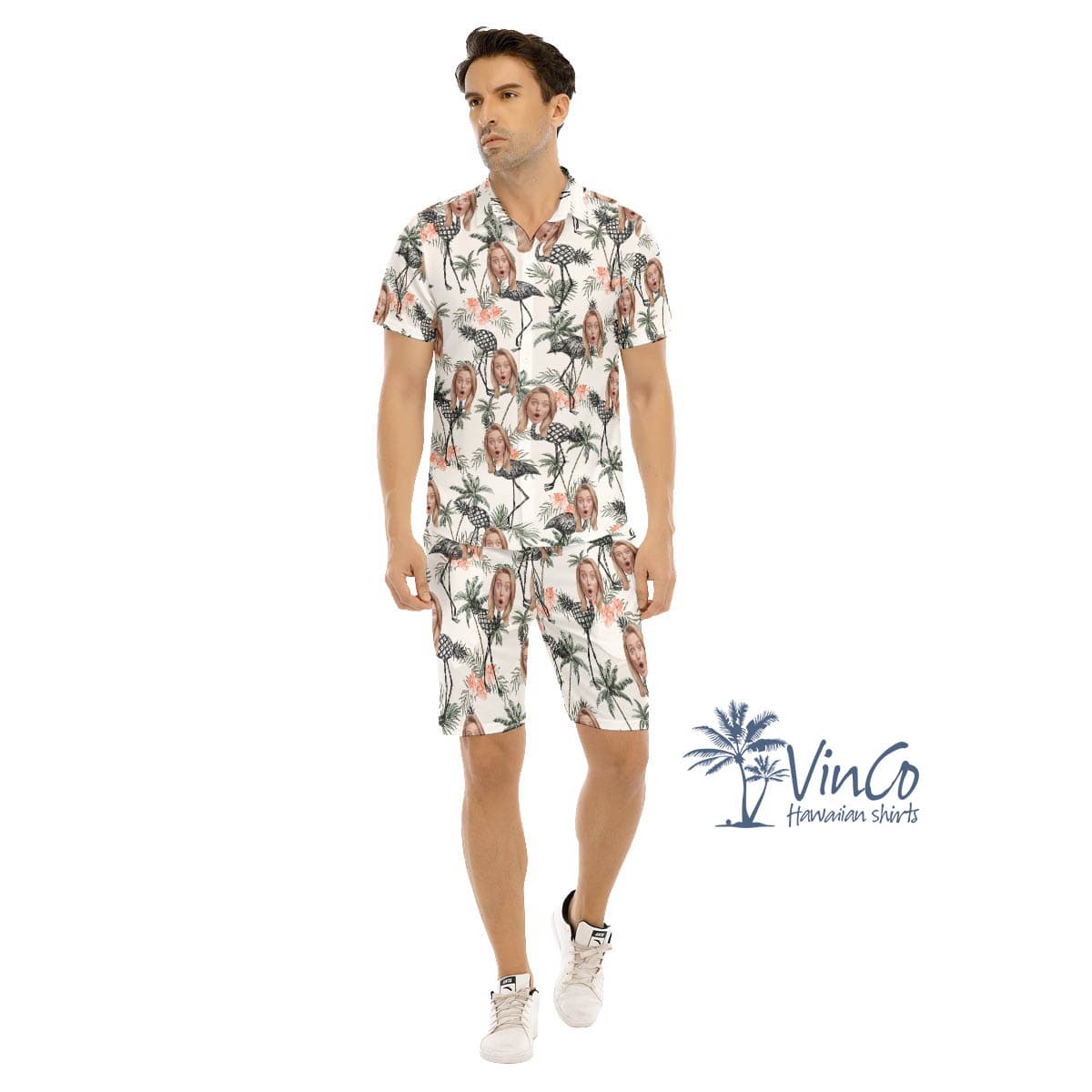 Custom Set Flamingo Pineapple Hawaiian Shirt And Matching Shorts With Face