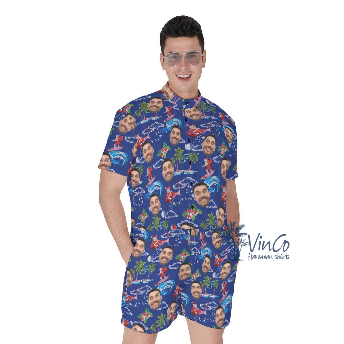 Custom Surfing Santa Christmas Hawaiian Romper With Face