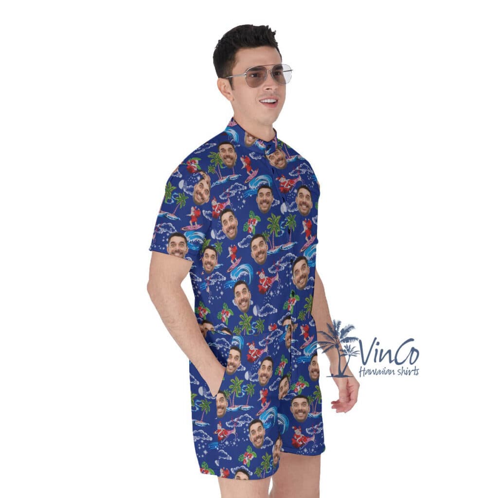 Custom Surfing Santa Christmas Hawaiian Romper With Face