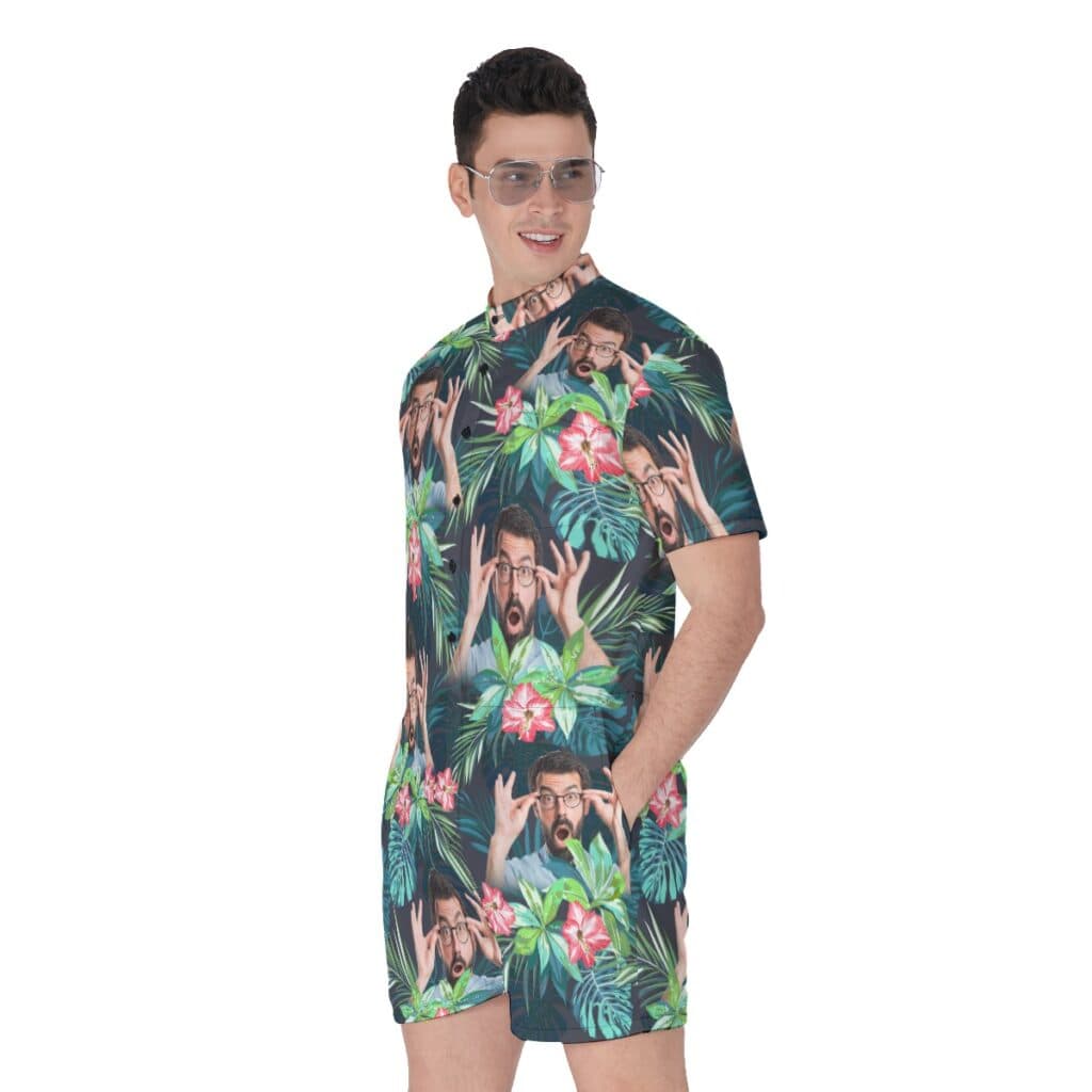 Custom Tropical Flamingo Men's Hawaiian Romper With Face