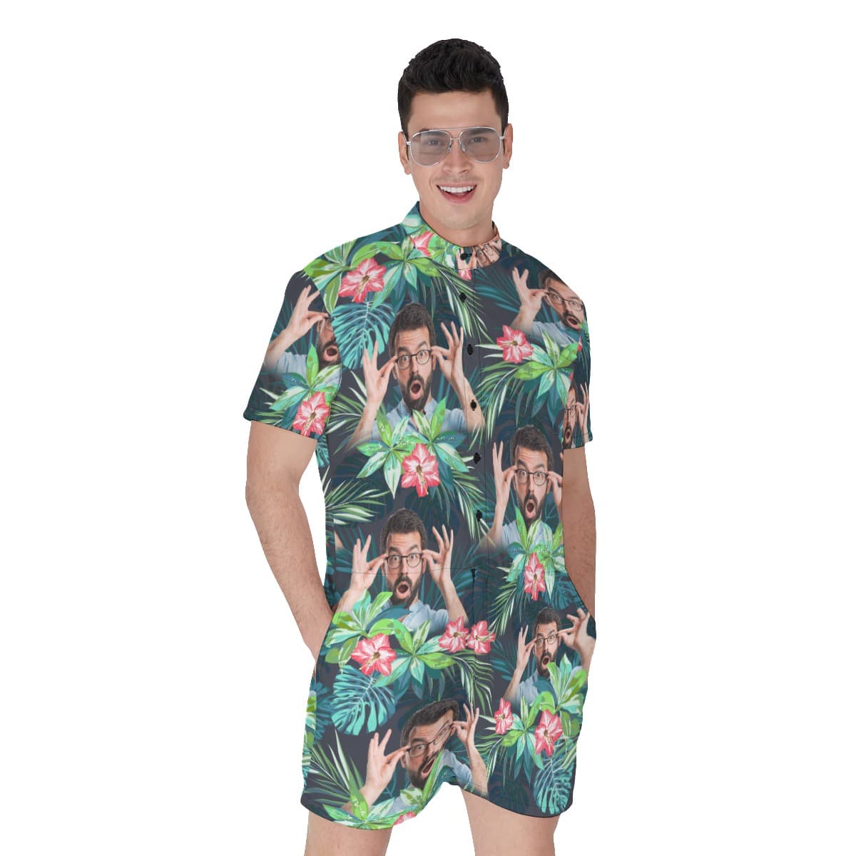 Custom Tropical Flamingo Men's Hawaiian Romper With Face