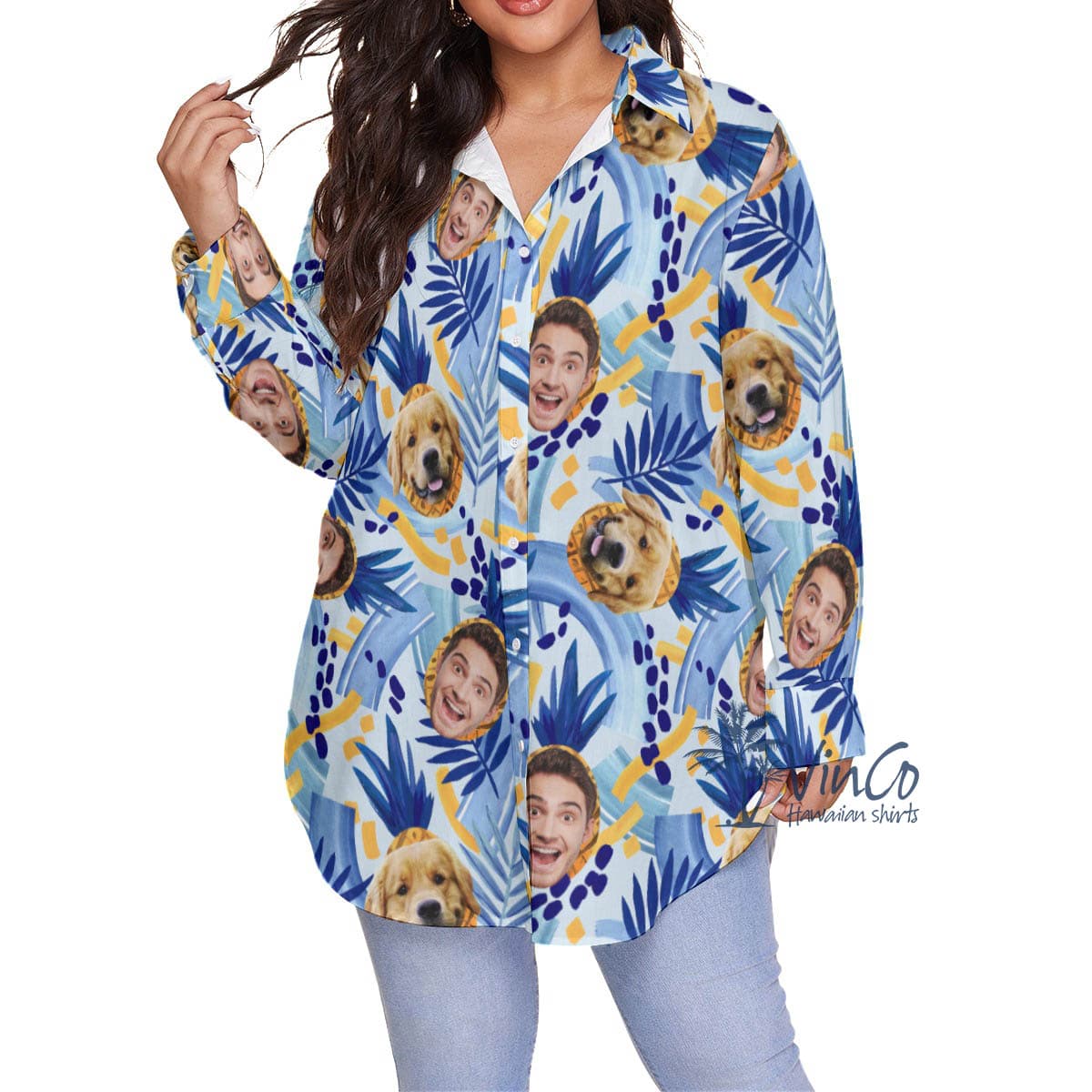 Custom Tropical Pineapple Plus Size Long Sleeve Shirt For Women (2)