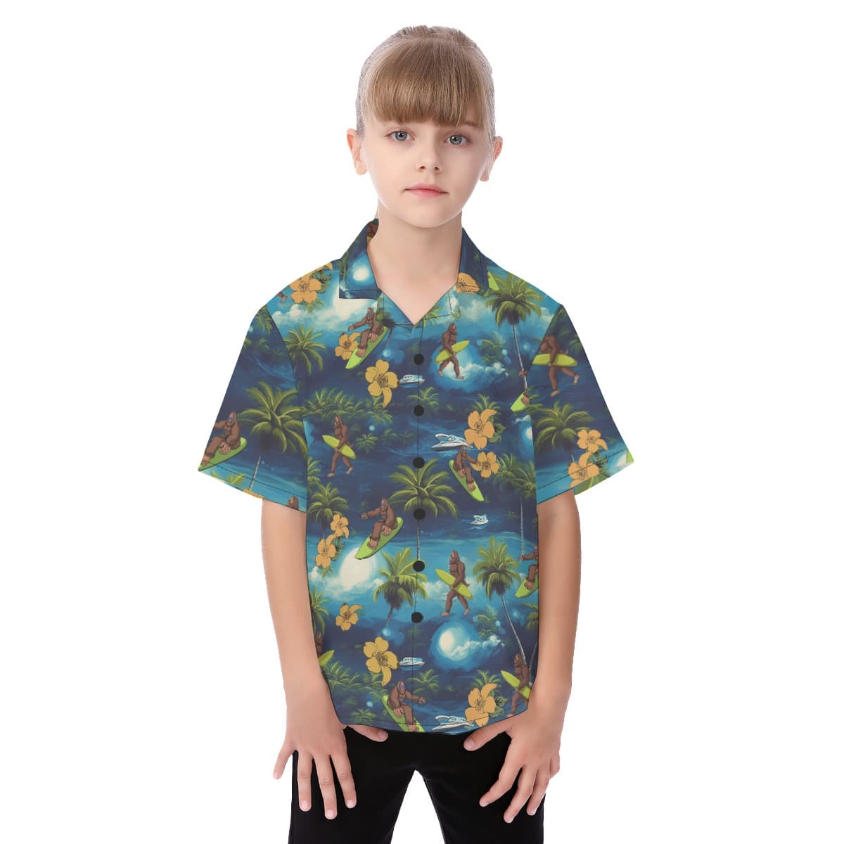 Cute Bigfoot Surfing Tropical Aloha Shirt For Kids