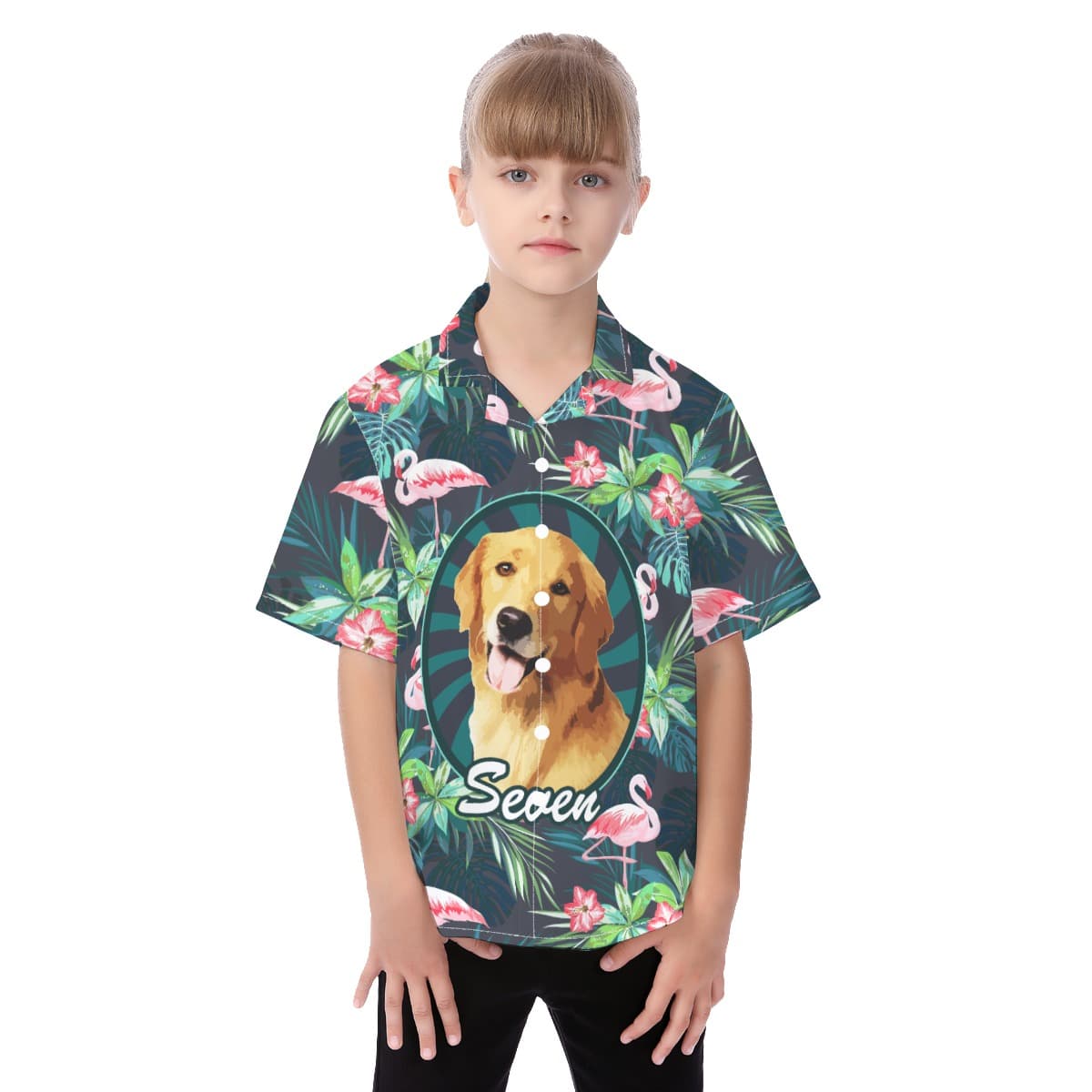 Cute Custom Pet Face Tropical Flamingo Hawaiian Shirt For Kids
