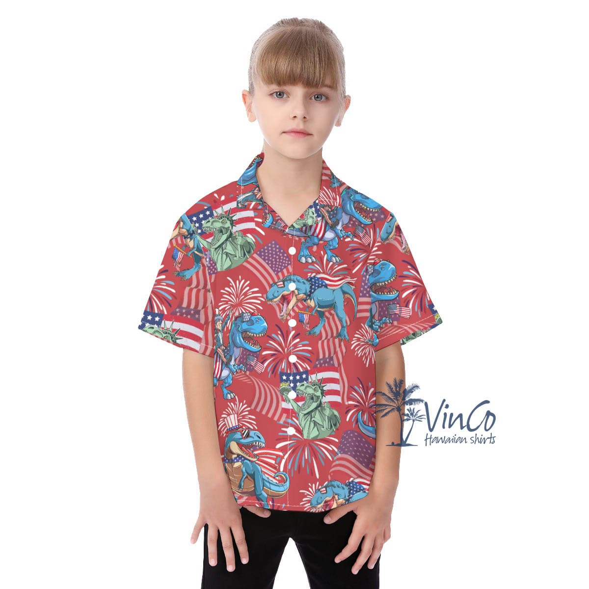 Cute Dinosaur Patriotic Red Aloha Shirt For Kids