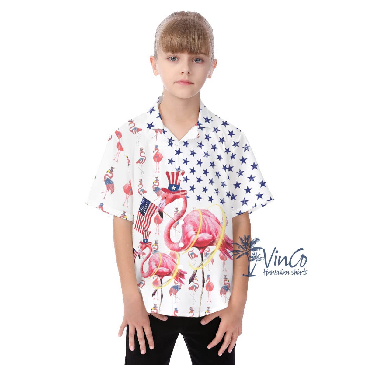 Cute Flamingo 4th Of July Hawaiian Button Up Shirt For Kids