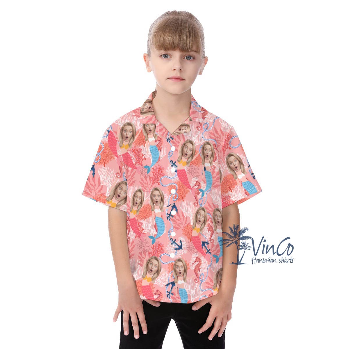 Cute Mermaid Pink Aloha Shirt For Kids With Custom Face