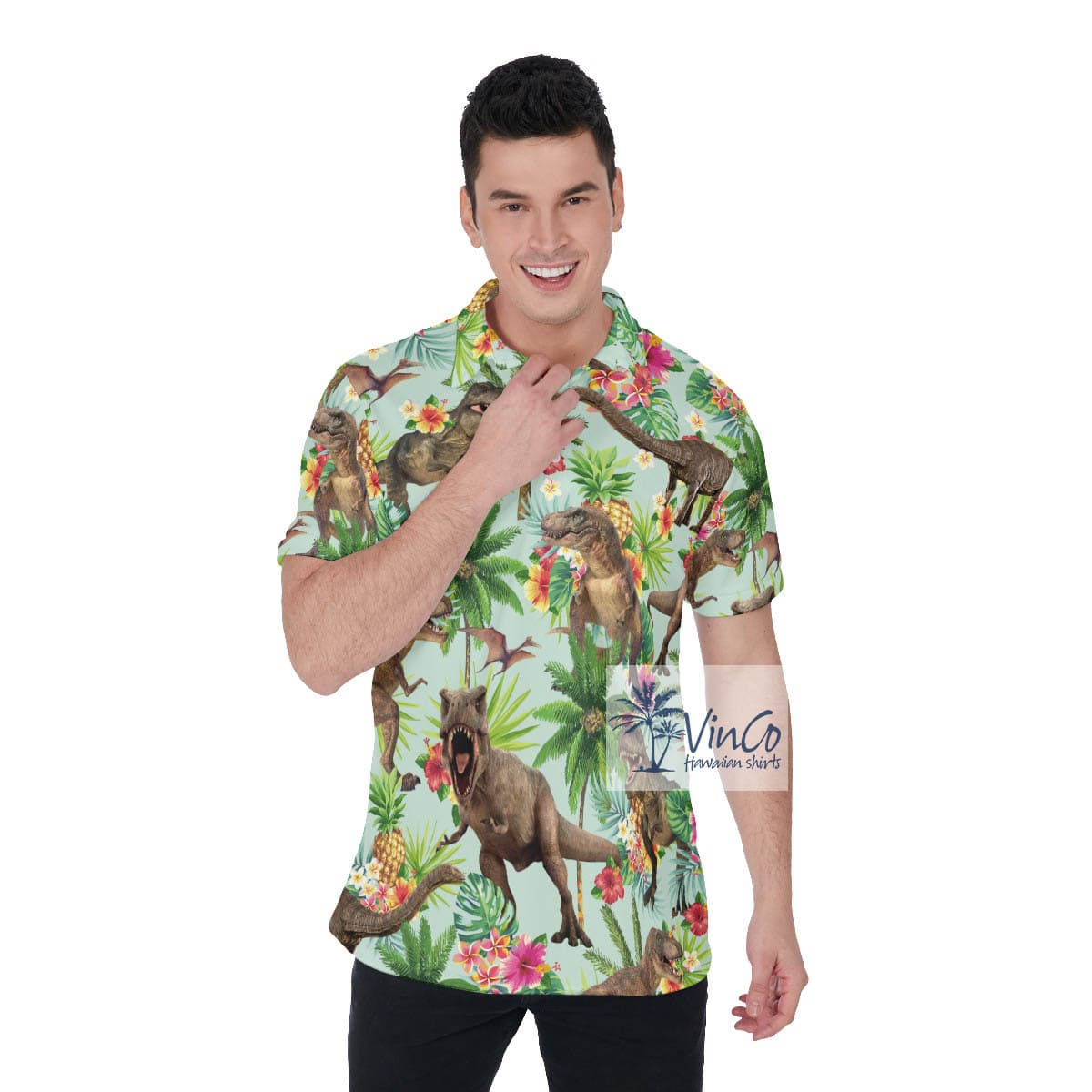 Dinosaur Tropical Aloha Polo Shirt For Men (3)