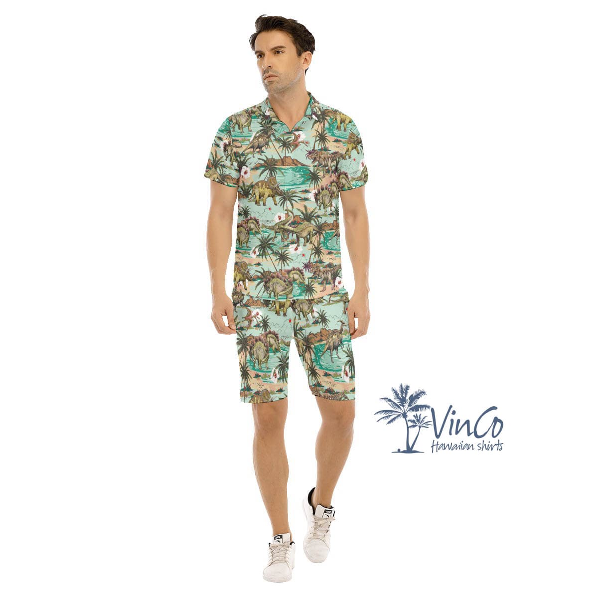 Dinosaur Tropical Palm Tree Hawaiian Shirt And Shorts For Men