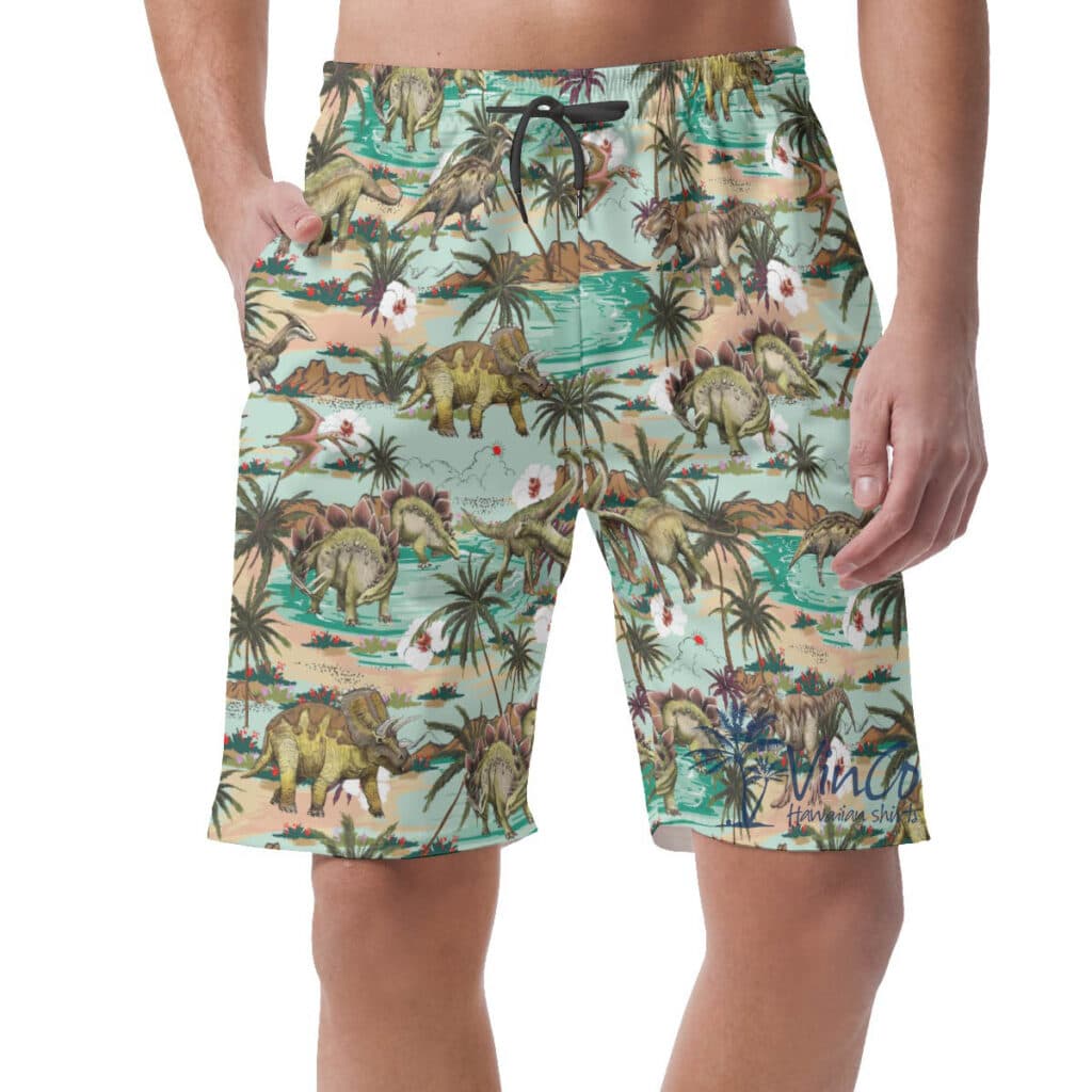 Dinosaur Tropical Summer Hawaiian Beach Shorts For Men