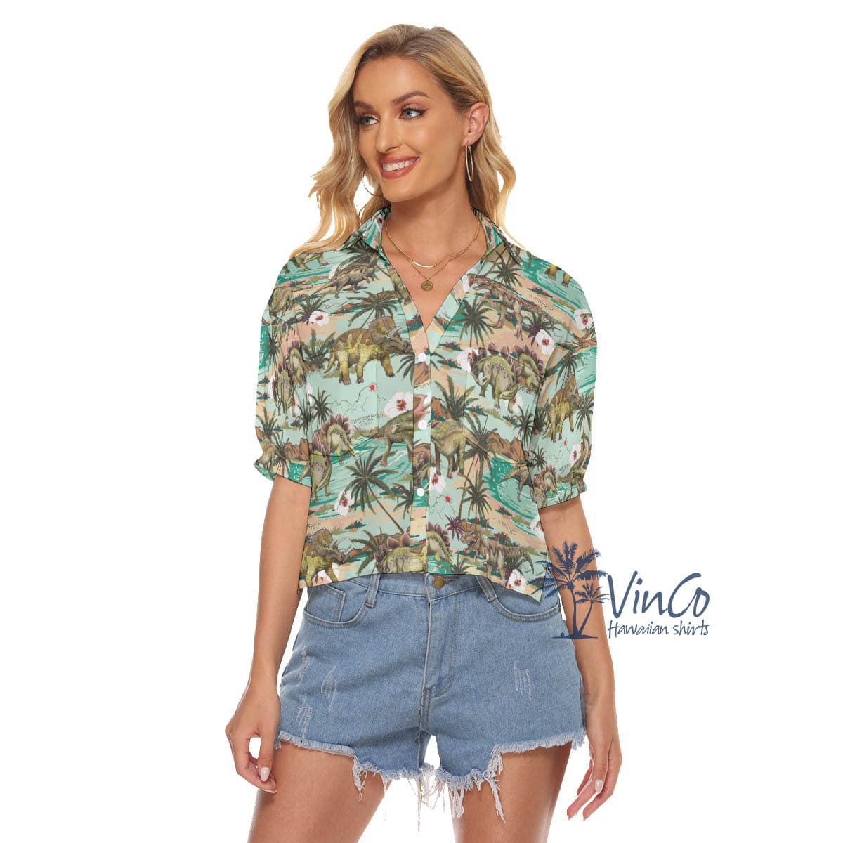 Dinosaur Tropical Summer Hawaiian Cropped Shirt For Women