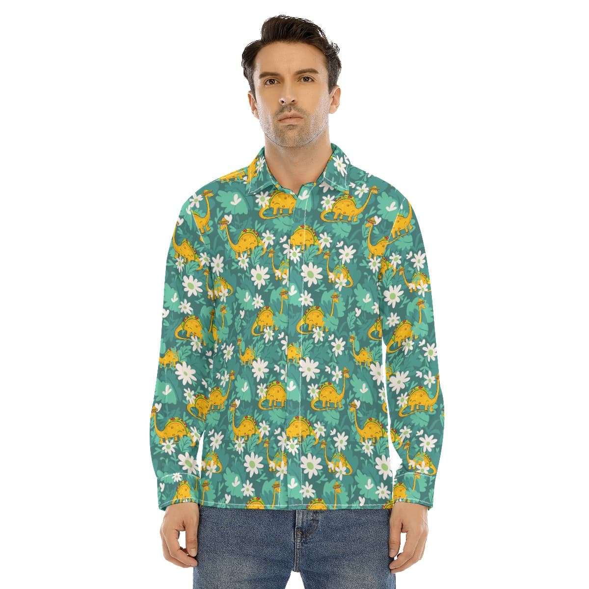 Dinosaurus Taco Green Hawaiian Long Sleeve Shirt For Men