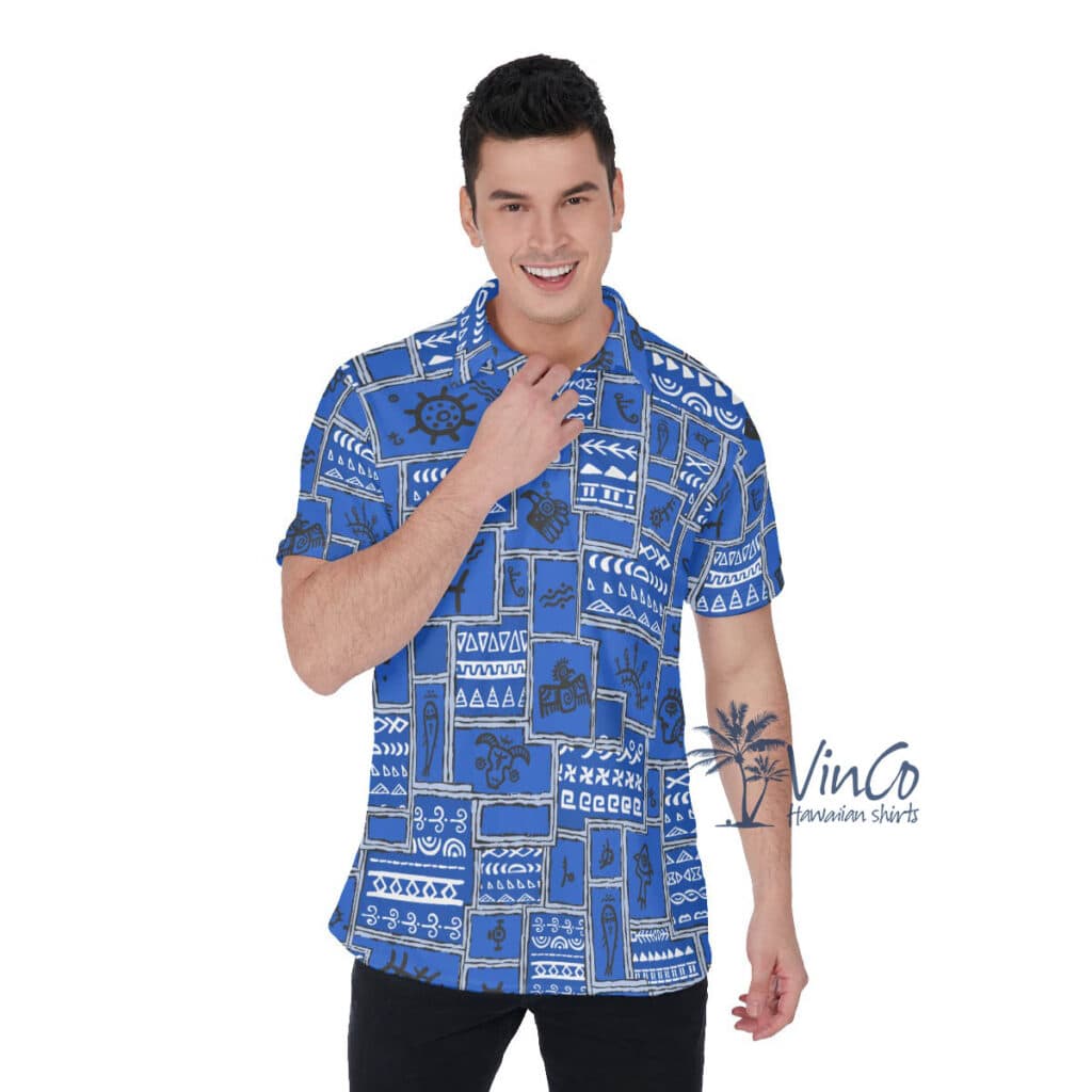 Ethnic Style Navy Vintage Hawaiian Polo Shirt For Men