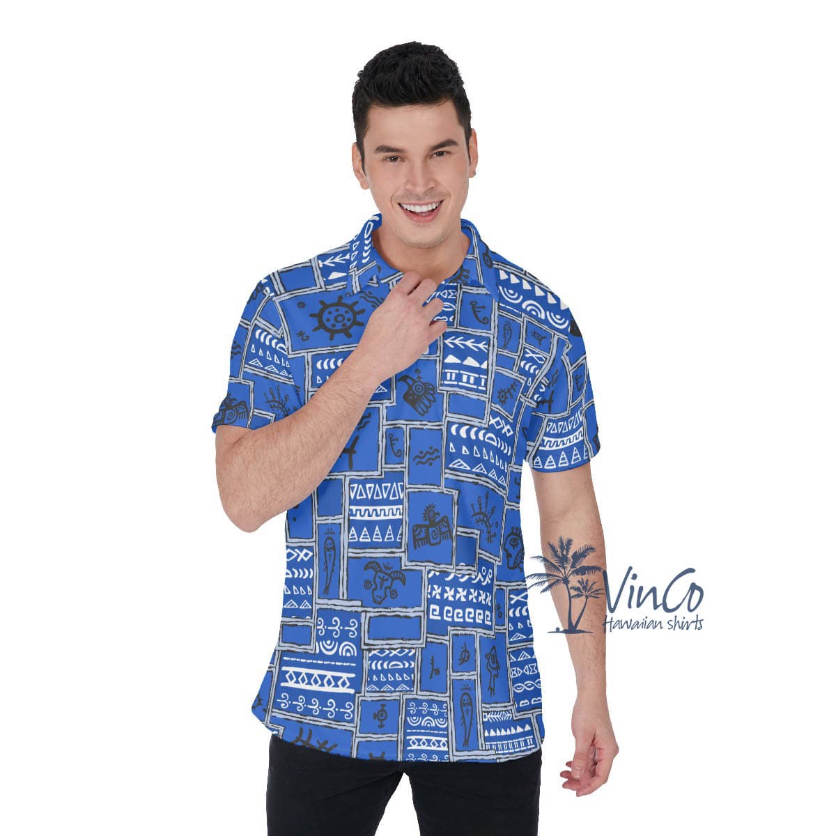 Ethnic Style Navy Vintage Hawaiian Polo Shirt For Men