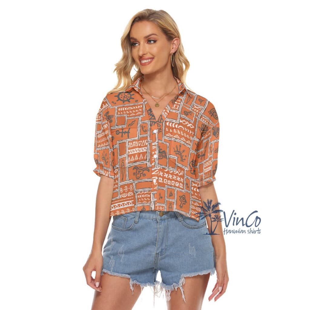 Ethnic Style Orange Vintage Hawaiian Crop Top Shirt For Women