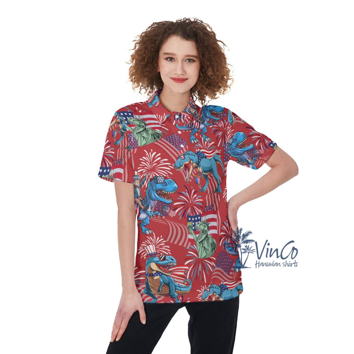 Firework American Flag Dinosaur Red Hawaiian Golf Shirt For Women