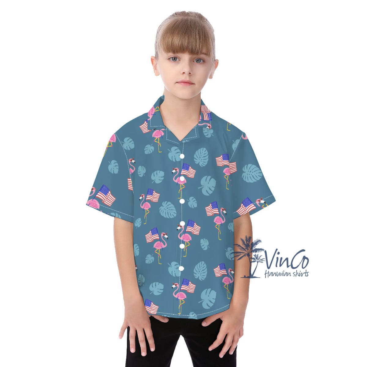 Flamingo Patriotic Hawaiian Button Up Shirt For Kids (4)