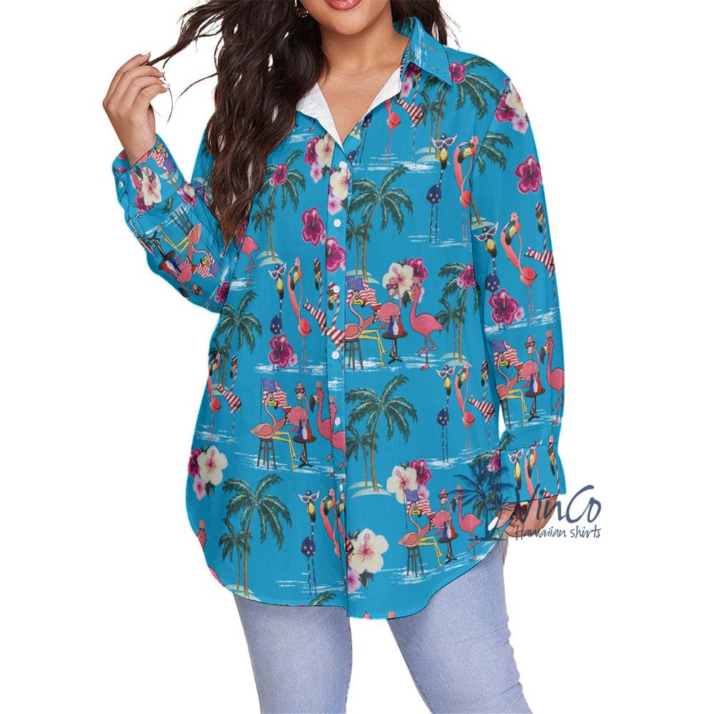 Flamingo Patriotic Oversize Hawaiian Shirt For Women (1)