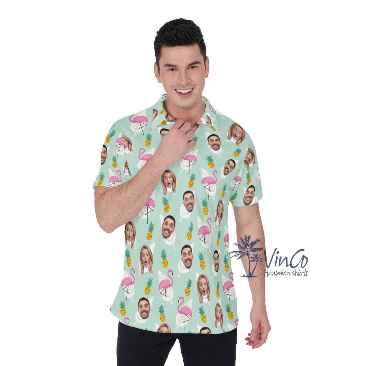 Flamingo Pineapple Custom Multiples Face Hawaiian Polo Shirt