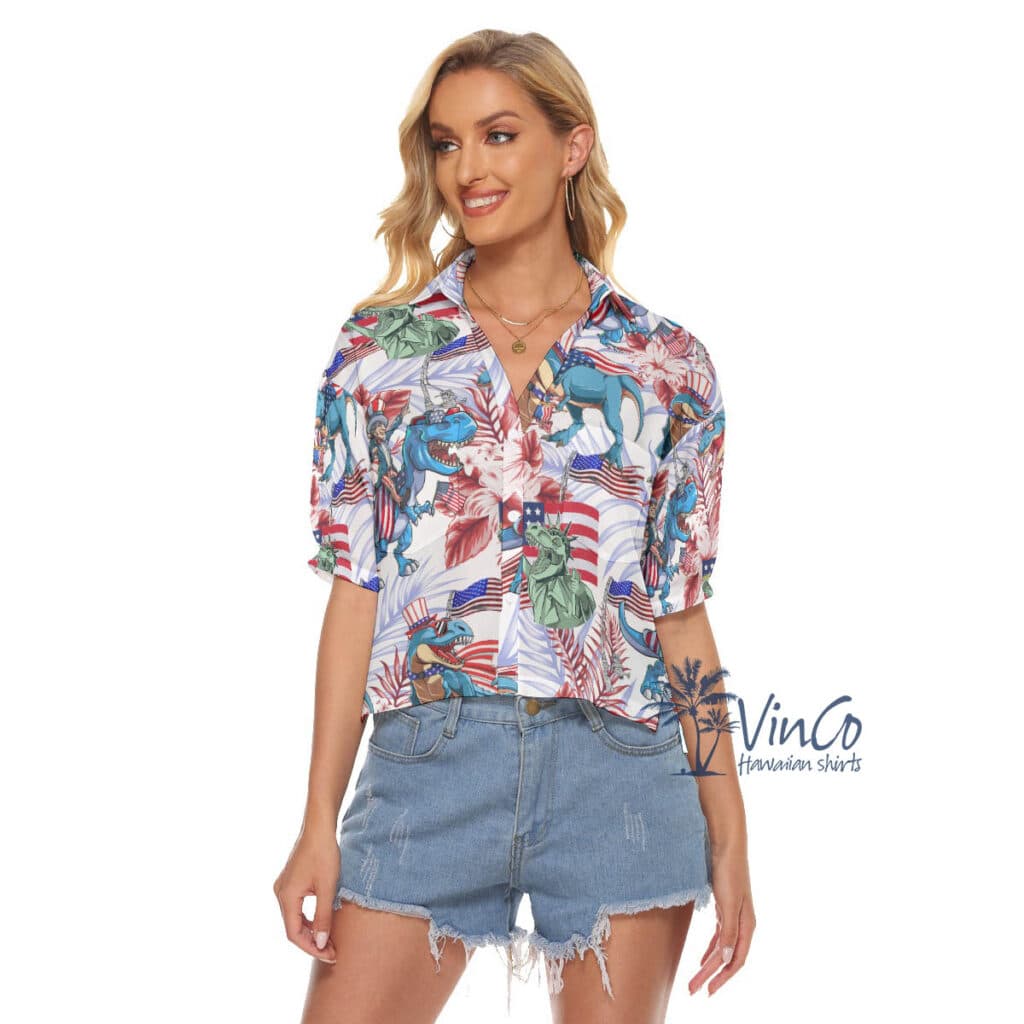 Floral American Flag Dinosaur Aloha Crop Top Shirt