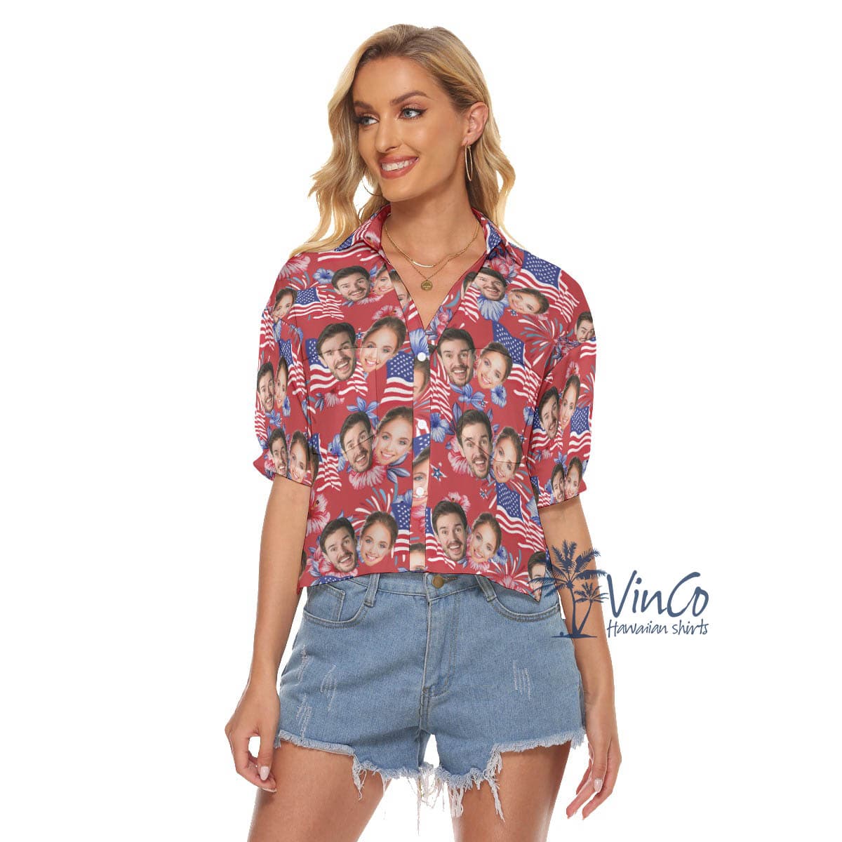 Floral American Flag Hawaiian Crop Top Shirt With Custom Multiple Faces