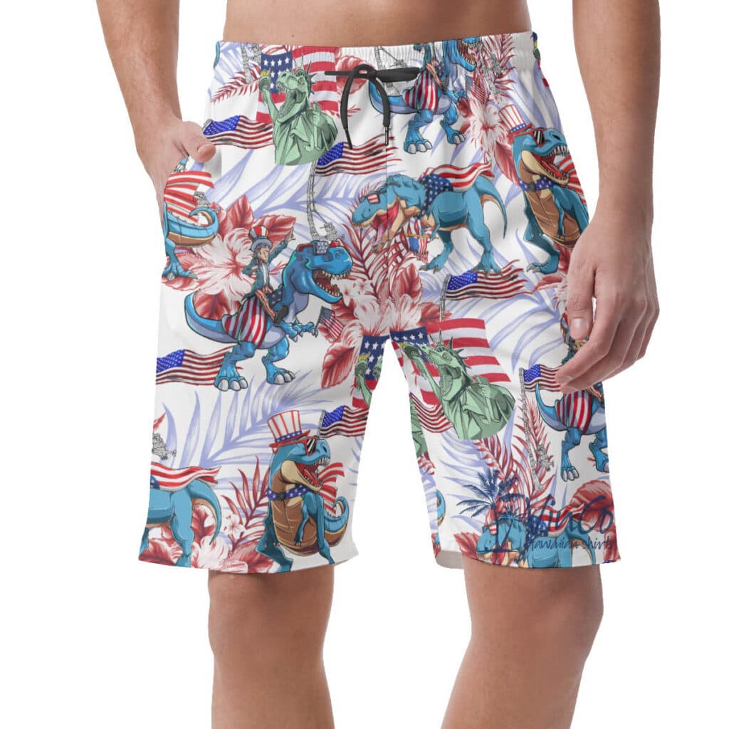 Floral Amerisaurus Patriotic Hawaiian Beach Shorts For Men
