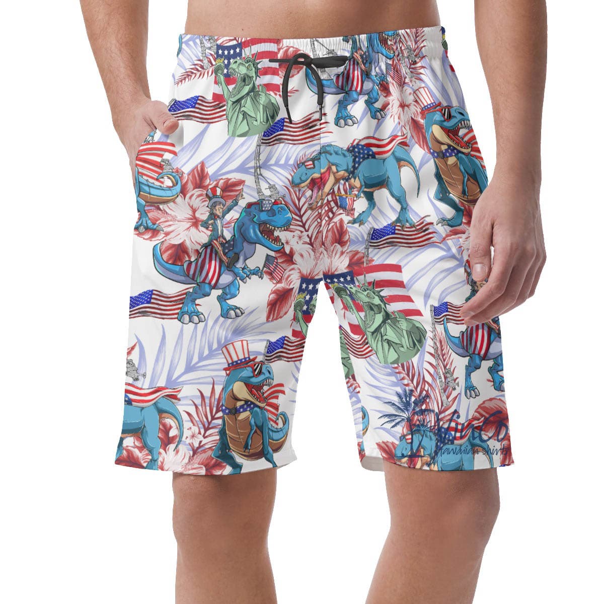 Floral Amerisaurus Patriotic Hawaiian Beach Shorts For Men